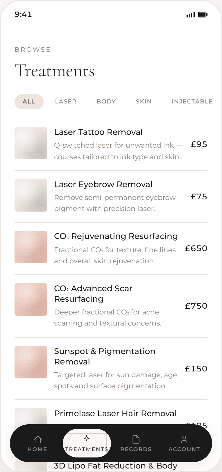 Client phone app — Browse treatments