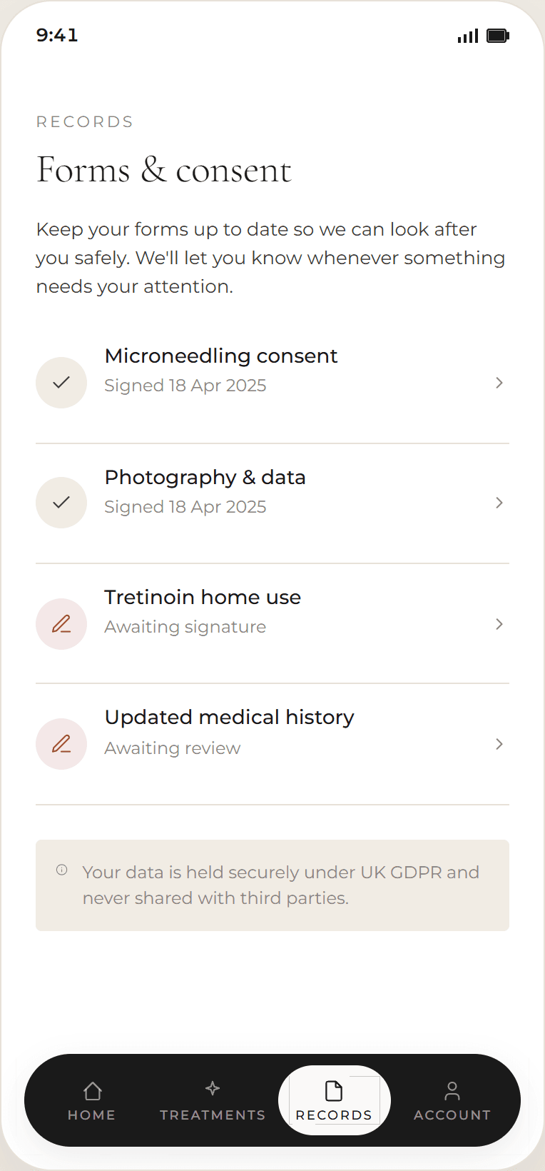 Client phone app — Forms & consent
