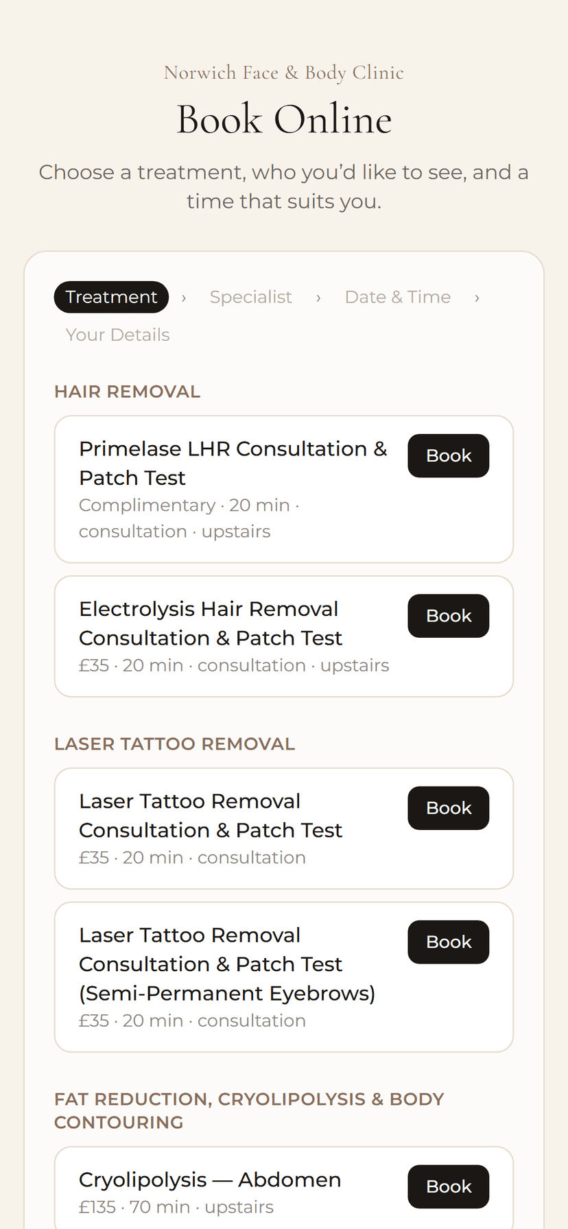 Online booking on a phone — clients choose a treatment, a specialist and a time