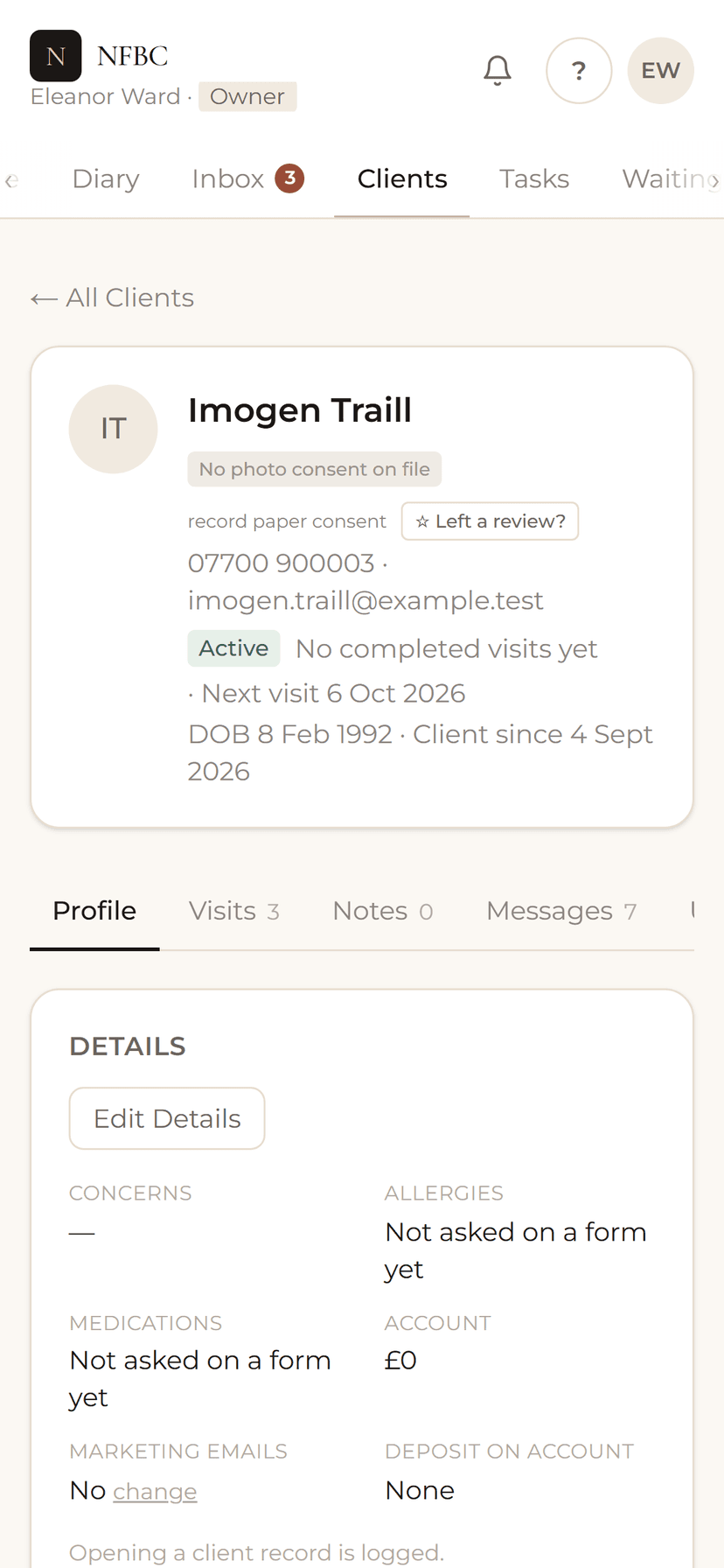 A client record on a phone — the clinic's view, with visits, notes and messages